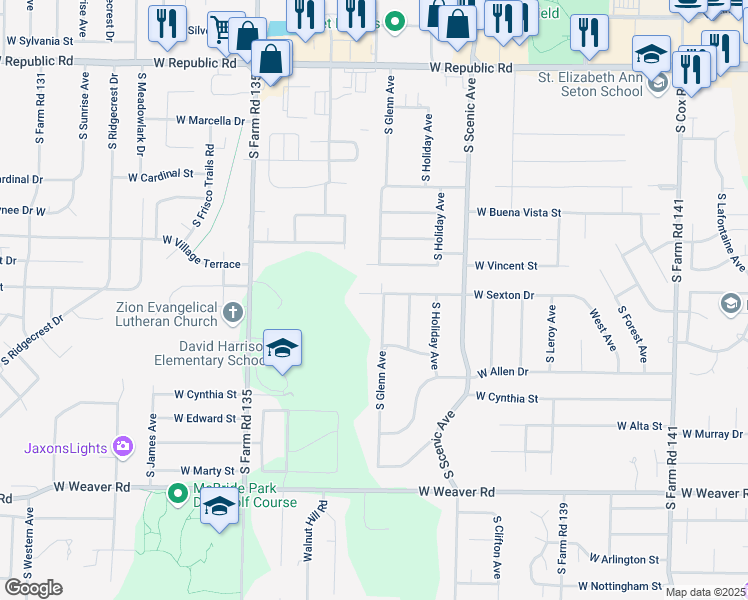 map of restaurants, bars, coffee shops, grocery stores, and more near 2857 West Sexton Drive in Springfield