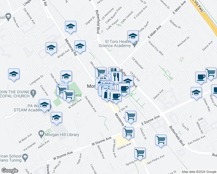 map of restaurants, bars, coffee shops, grocery stores, and more near 63 East 1st Street in Morgan Hill