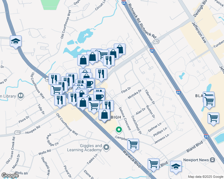 map of restaurants, bars, coffee shops, grocery stores, and more near 440 Denbigh Boulevard in Newport News
