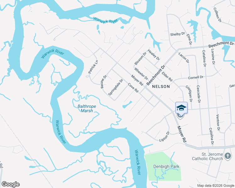 map of restaurants, bars, coffee shops, grocery stores, and more near 80 Springdale Drive in Newport News