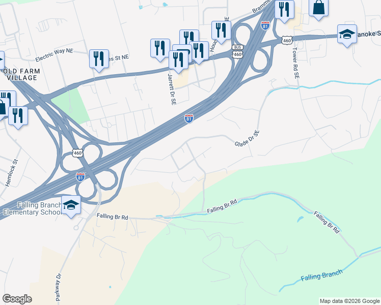 map of restaurants, bars, coffee shops, grocery stores, and more near 660 State Route 415 in Christiansburg
