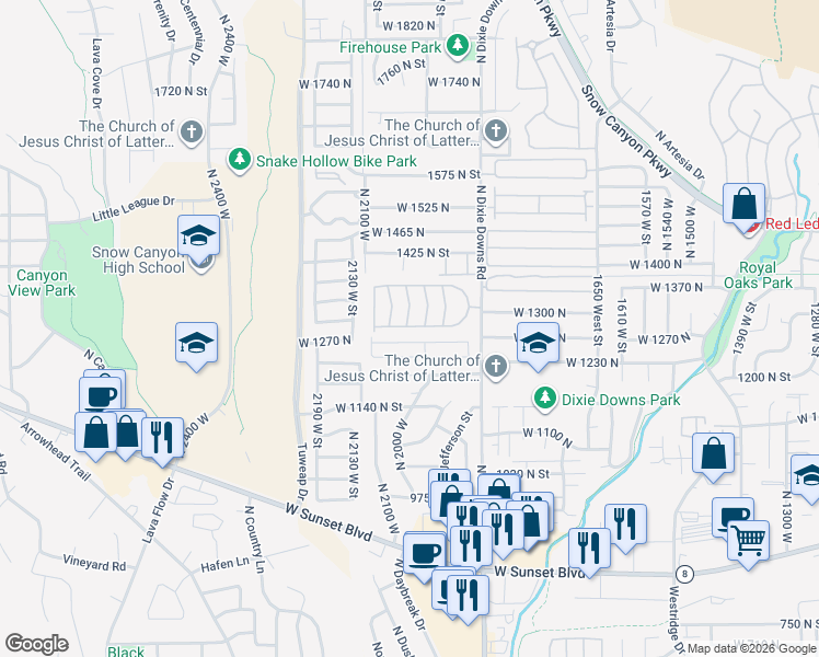 map of restaurants, bars, coffee shops, grocery stores, and more near Unnamed Road in St. George