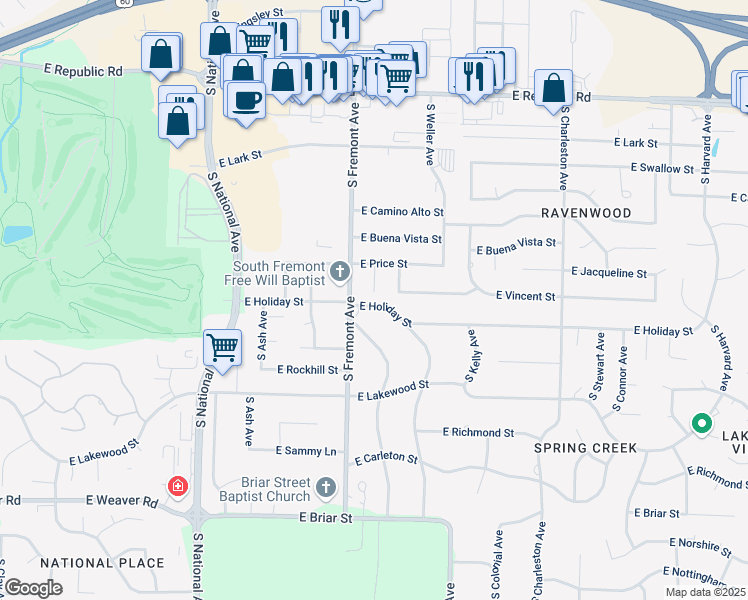 map of restaurants, bars, coffee shops, grocery stores, and more near 4555 South Graystone Court in Springfield