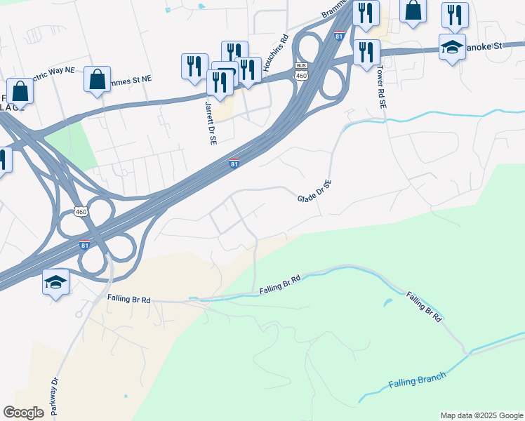 map of restaurants, bars, coffee shops, grocery stores, and more near 2355 Giles Drive Southeast in Christiansburg