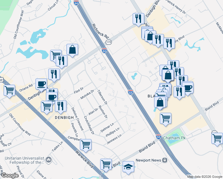map of restaurants, bars, coffee shops, grocery stores, and more near 174 Alan Drive in Newport News