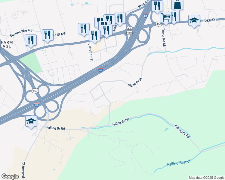 map of restaurants, bars, coffee shops, grocery stores, and more near 2355 Giles Drive Southeast in Christiansburg