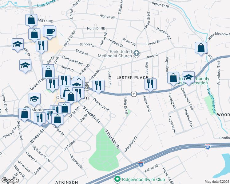 map of restaurants, bars, coffee shops, grocery stores, and more near 101 Junkin Street in Christiansburg