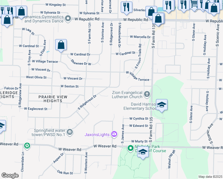 map of restaurants, bars, coffee shops, grocery stores, and more near 3337 West Sexton Street in Springfield
