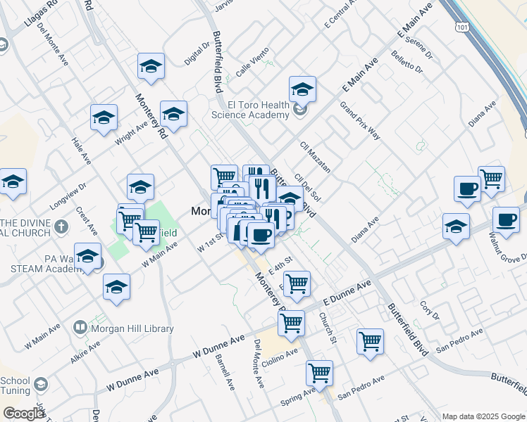 map of restaurants, bars, coffee shops, grocery stores, and more near 17500 Depot Street in Morgan Hill