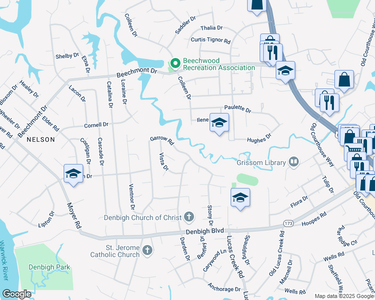 map of restaurants, bars, coffee shops, grocery stores, and more near 883 Garrow Road in Newport News