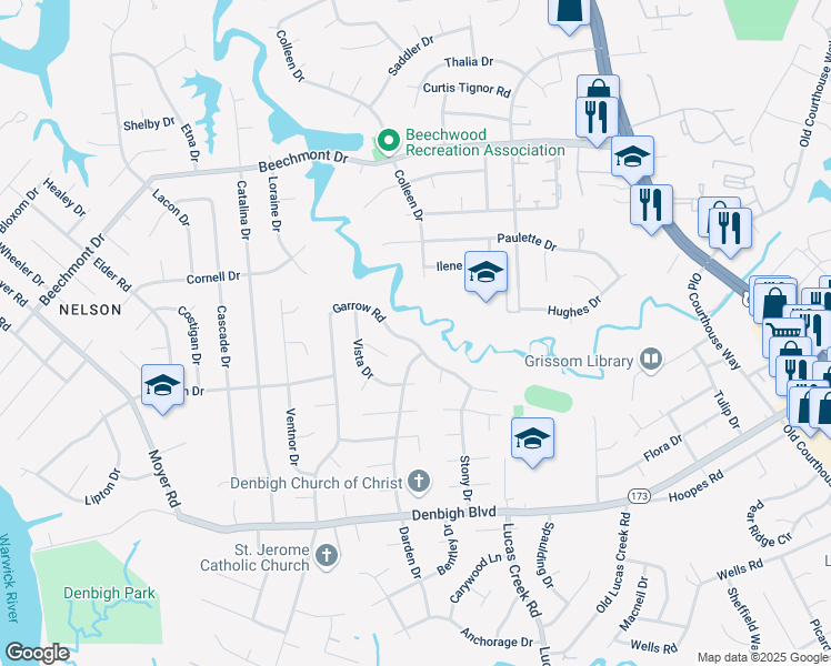 map of restaurants, bars, coffee shops, grocery stores, and more near 883 Garrow Road in Newport News