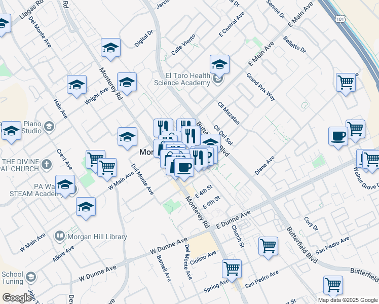 map of restaurants, bars, coffee shops, grocery stores, and more near 17500 Depot Street in Morgan Hill