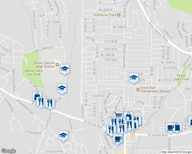 map of restaurants, bars, coffee shops, grocery stores, and more near 1298 North 2130 West in Saint George