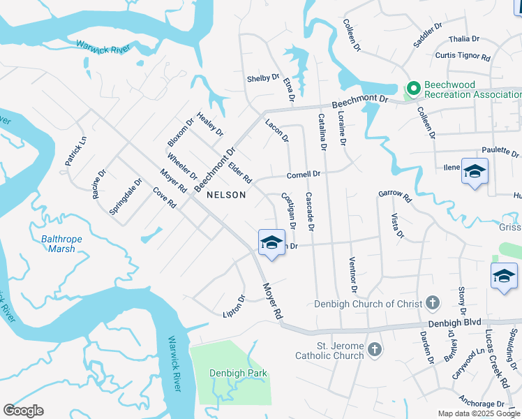 map of restaurants, bars, coffee shops, grocery stores, and more near 904 Costigan Drive in Newport News