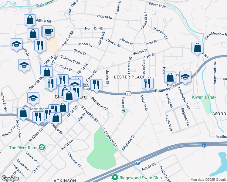 map of restaurants, bars, coffee shops, grocery stores, and more near 101 Junkin Street in Christiansburg