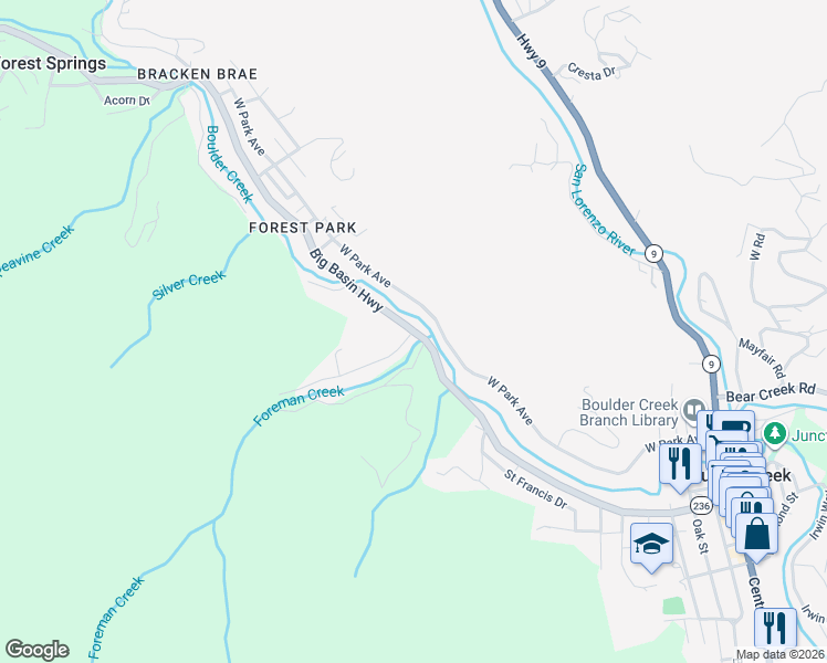 map of restaurants, bars, coffee shops, grocery stores, and more near 2 Boulder Brook Drive in Boulder Creek