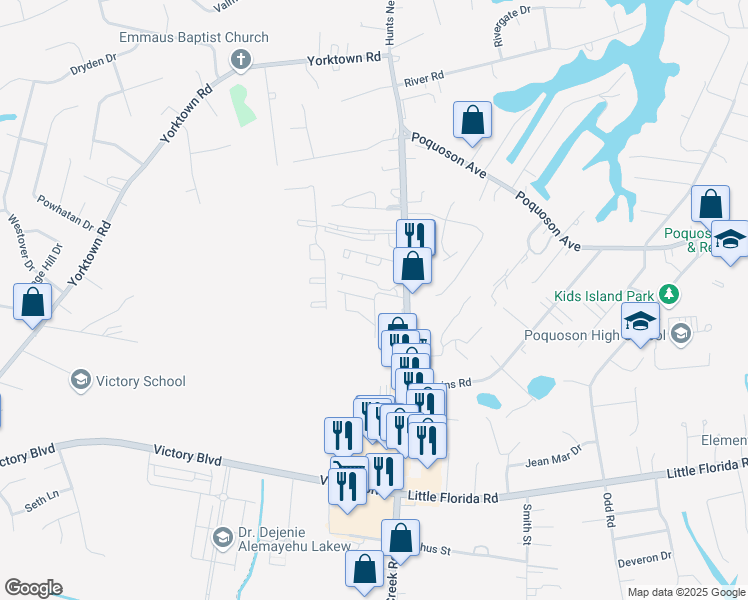 map of restaurants, bars, coffee shops, grocery stores, and more near 7 Valasia Road in Poquoson