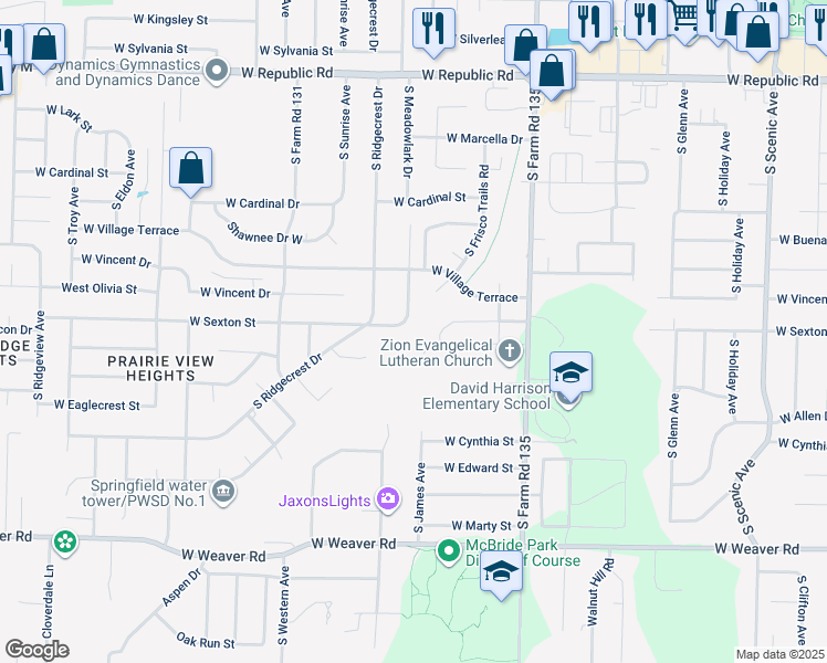 map of restaurants, bars, coffee shops, grocery stores, and more near 4606 South Meadowlark Drive in Springfield
