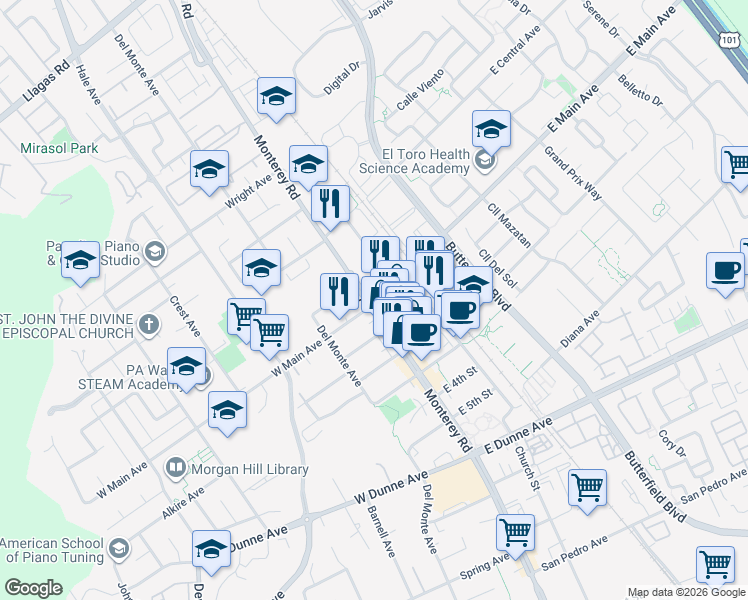 map of restaurants, bars, coffee shops, grocery stores, and more near 1-17 East Main Avenue in Morgan Hill