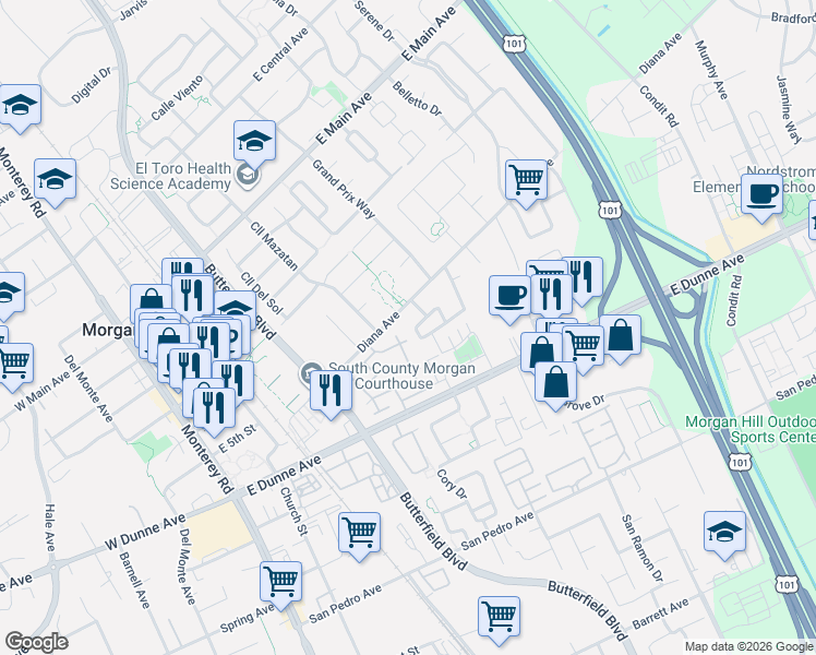 map of restaurants, bars, coffee shops, grocery stores, and more near 495 Diana Avenue in Morgan Hill