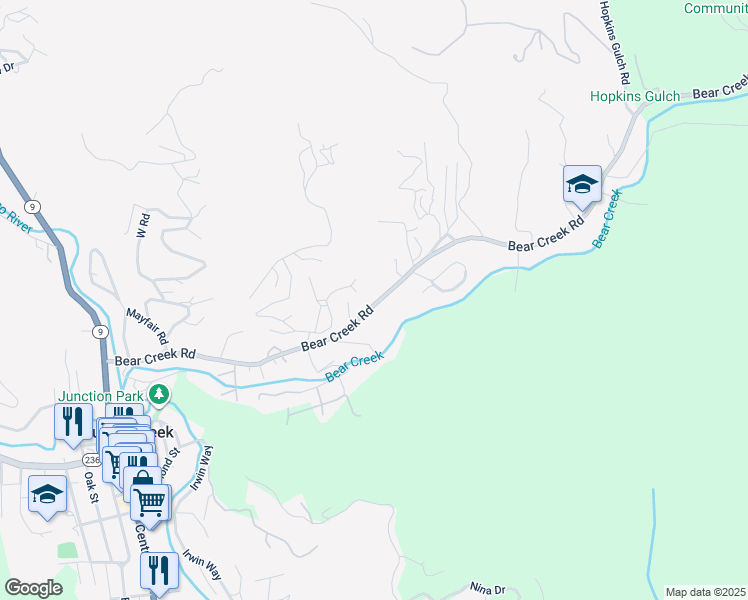 map of restaurants, bars, coffee shops, grocery stores, and more near 14145 Bear Creek Road in Boulder Creek