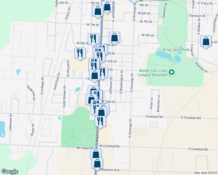 map of restaurants, bars, coffee shops, grocery stores, and more near 1401 S Madison St in Webb City