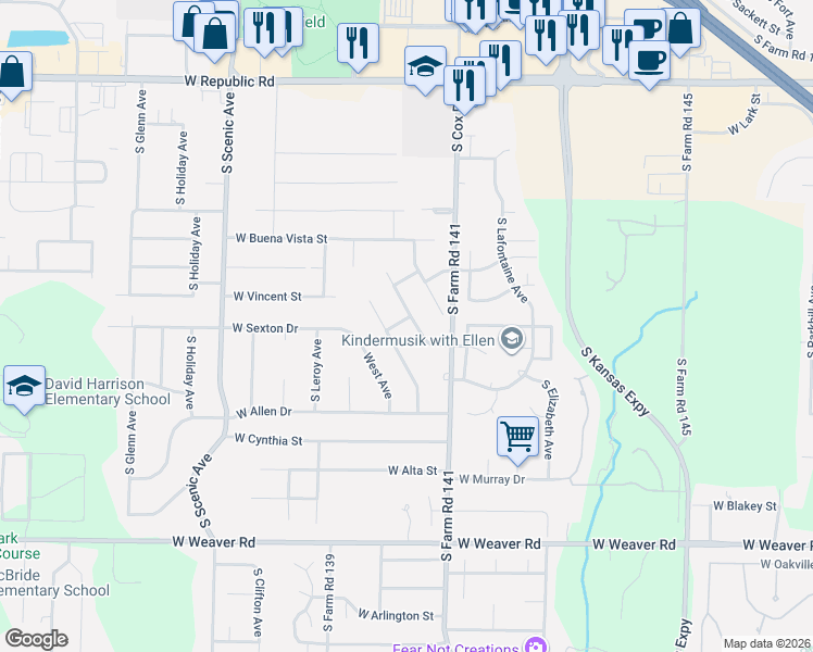 map of restaurants, bars, coffee shops, grocery stores, and more near 4608 South Warren Avenue in Springfield