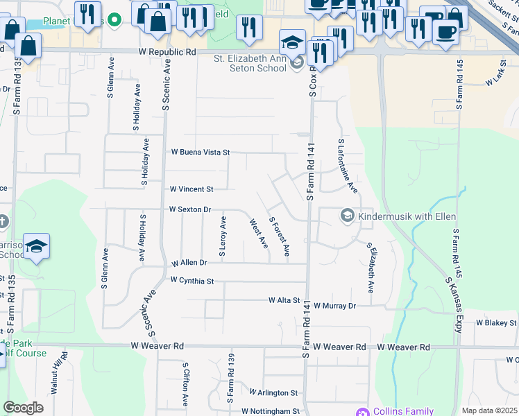 map of restaurants, bars, coffee shops, grocery stores, and more near 4611 South Forest Avenue in Springfield