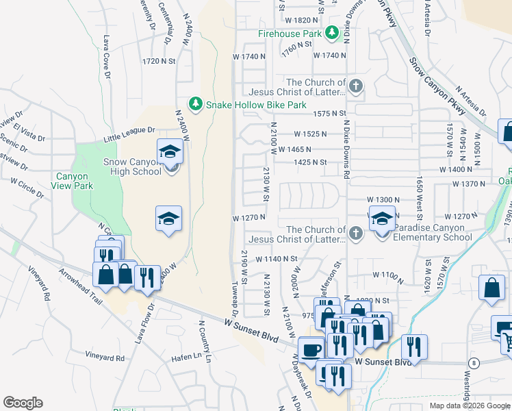 map of restaurants, bars, coffee shops, grocery stores, and more near West 1310 North in St. George