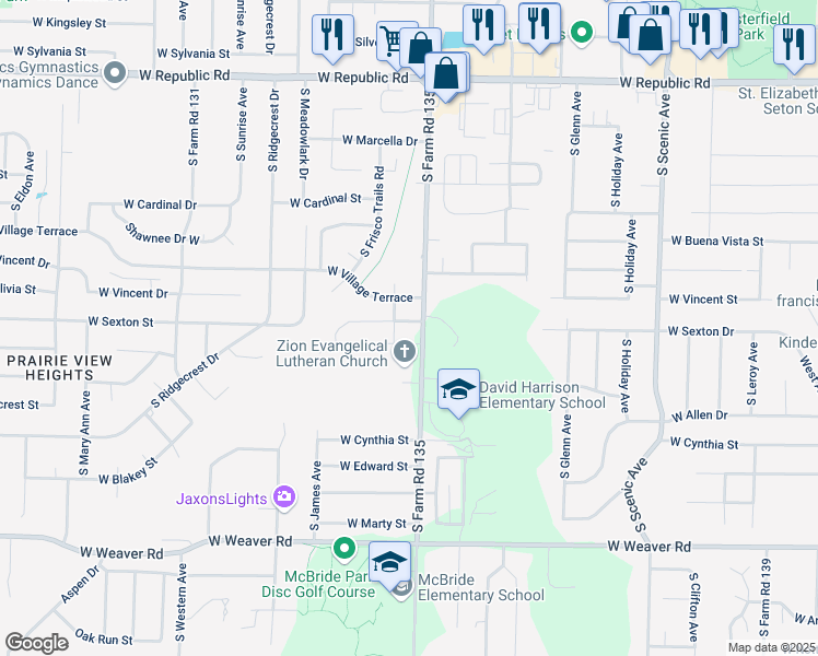 map of restaurants, bars, coffee shops, grocery stores, and more near 3122 West Sexton Street in Springfield