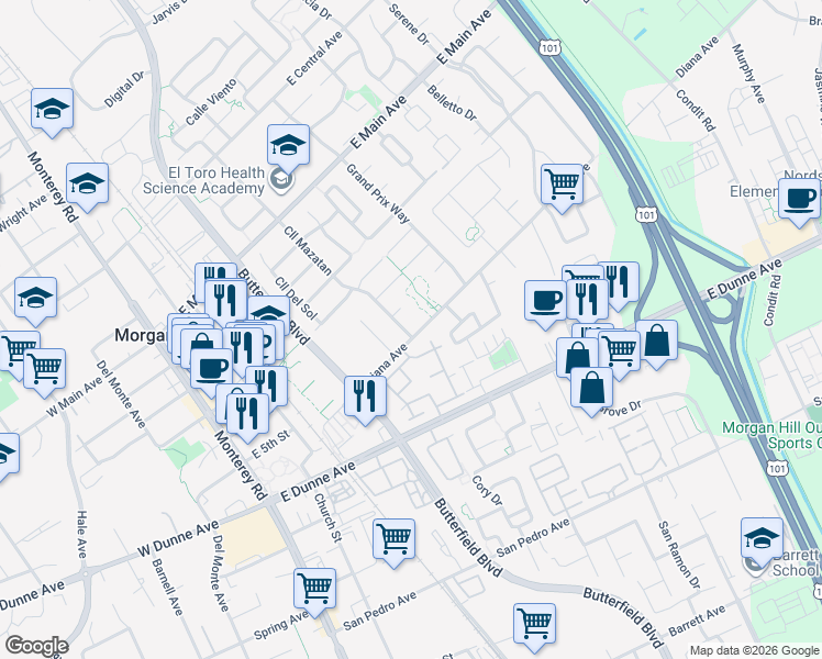 map of restaurants, bars, coffee shops, grocery stores, and more near 495 Diana Avenue in Morgan Hill