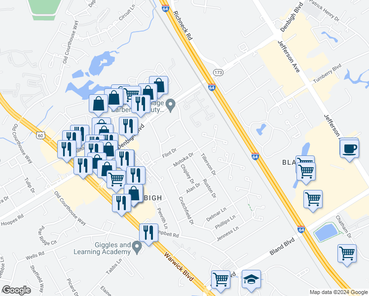 map of restaurants, bars, coffee shops, grocery stores, and more near 414 Flint Drive in Newport News