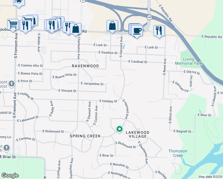 map of restaurants, bars, coffee shops, grocery stores, and more near 4519 South Aladdin Court in Springfield