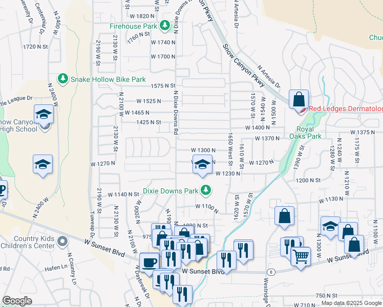 map of restaurants, bars, coffee shops, grocery stores, and more near 1811 West 1300 North in St. George