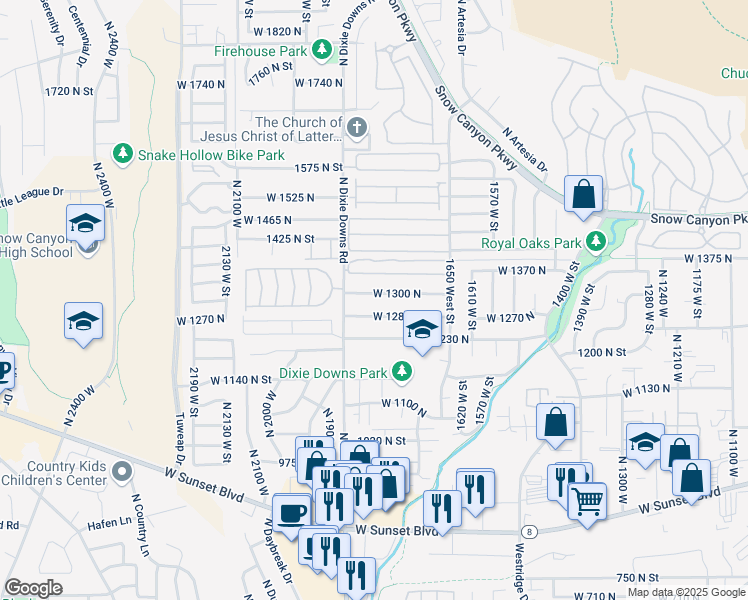 map of restaurants, bars, coffee shops, grocery stores, and more near 1811 West 1300 North in St. George