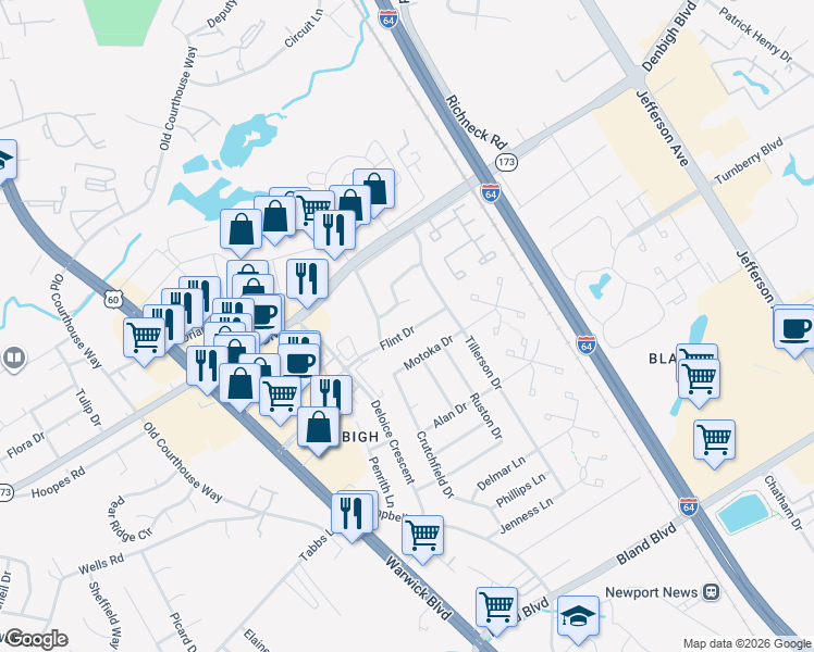 map of restaurants, bars, coffee shops, grocery stores, and more near 413 Flint Drive in Newport News