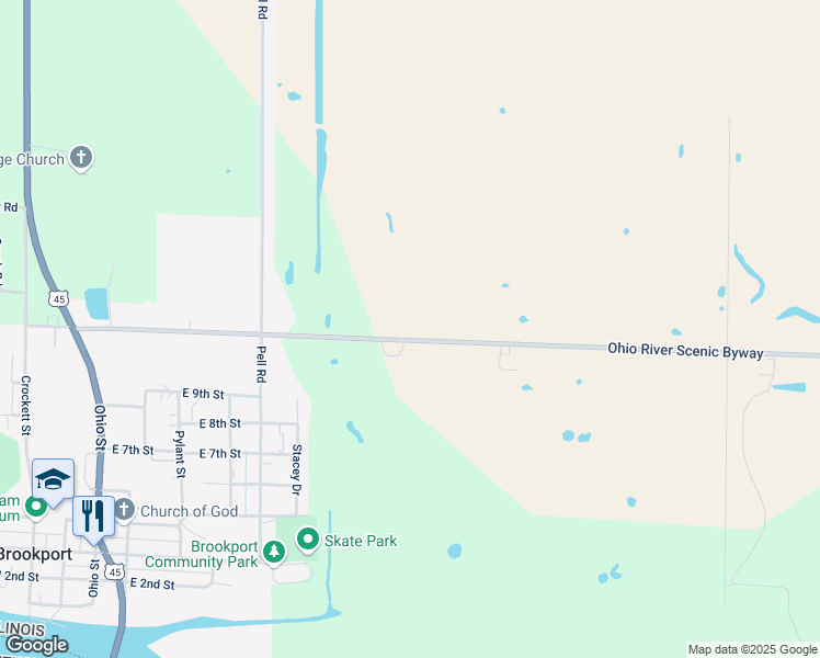 map of restaurants, bars, coffee shops, grocery stores, and more near 6917-7197 Ohio River Scenic Byway in Brookport