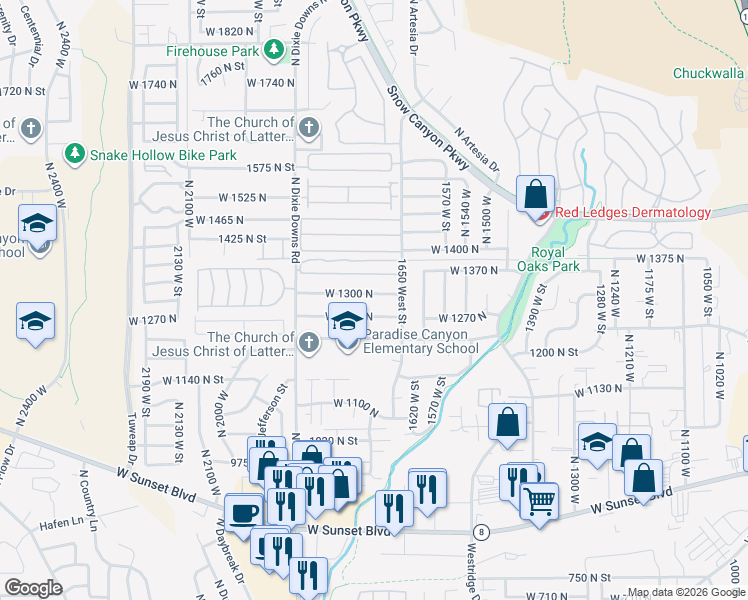 map of restaurants, bars, coffee shops, grocery stores, and more near 1711 1300 North in St. George