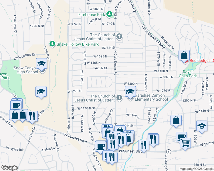 map of restaurants, bars, coffee shops, grocery stores, and more near 1331 North Dixie Downs Road in St. George
