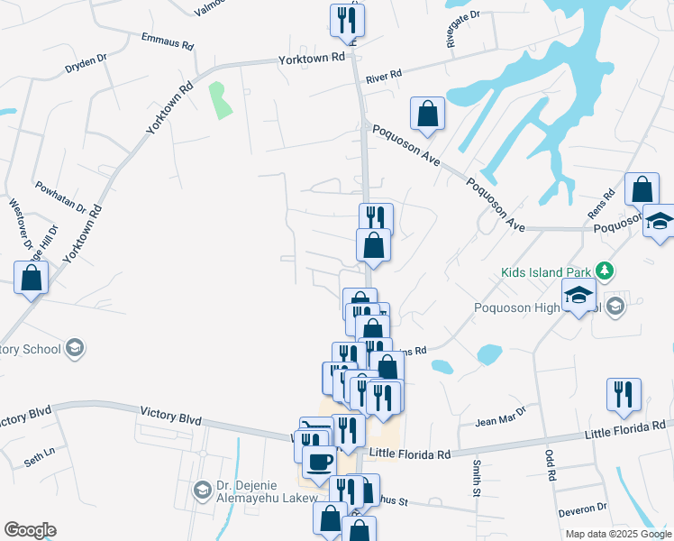 map of restaurants, bars, coffee shops, grocery stores, and more near 2 Valasia Road in Poquoson