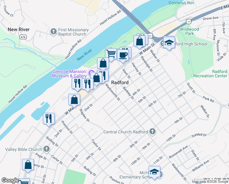 map of restaurants, bars, coffee shops, grocery stores, and more near 300-354 Arlington Ave in Radford
