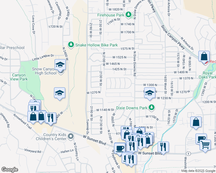 map of restaurants, bars, coffee shops, grocery stores, and more near 1331 North Dixie Downs Road in St. George
