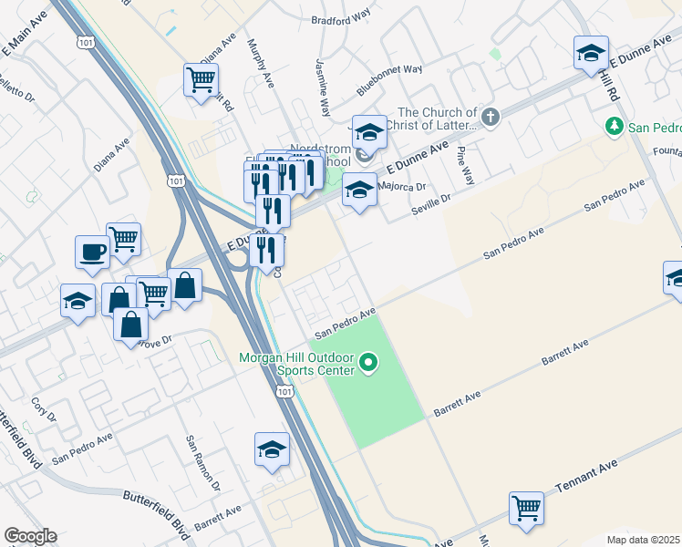 map of restaurants, bars, coffee shops, grocery stores, and more near 1346 Bloom Lane in Morgan Hill