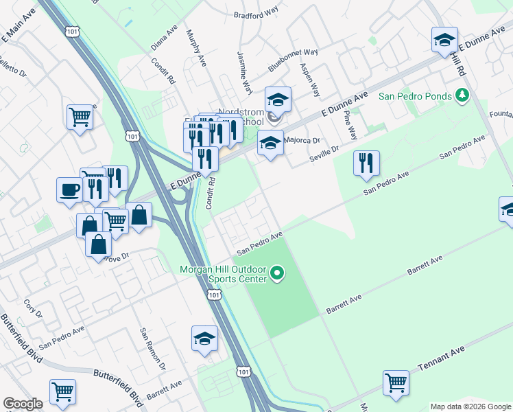 map of restaurants, bars, coffee shops, grocery stores, and more near 1346 Bloom Lane in Morgan Hill