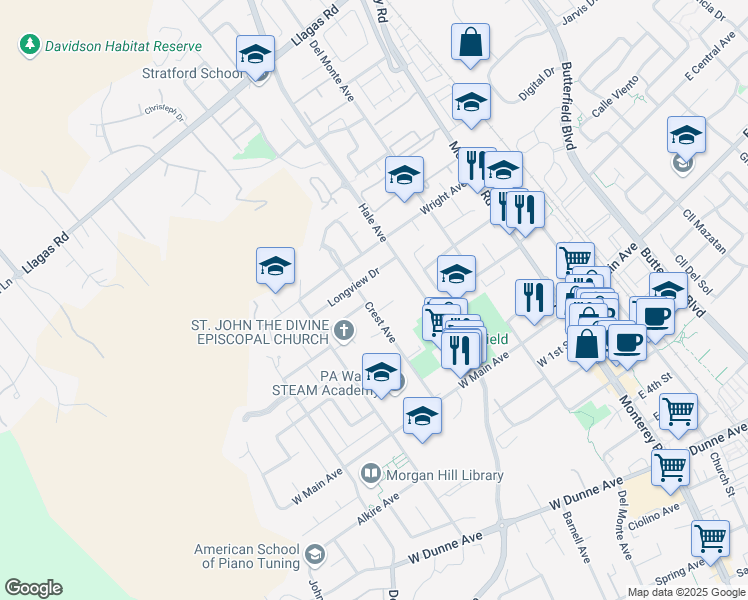 map of restaurants, bars, coffee shops, grocery stores, and more near 17800 Crest Avenue in Morgan Hill
