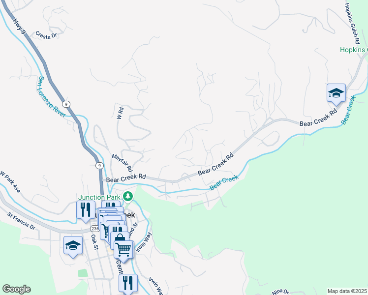 map of restaurants, bars, coffee shops, grocery stores, and more near 620 Manzanita Avenue in Boulder Creek