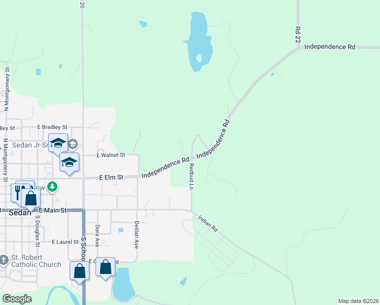 map of restaurants, bars, coffee shops, grocery stores, and more near Independence Road in Sedan
