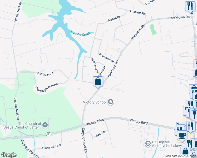 map of restaurants, bars, coffee shops, grocery stores, and more near 3 West Carriage Hill Drive in Poquoson