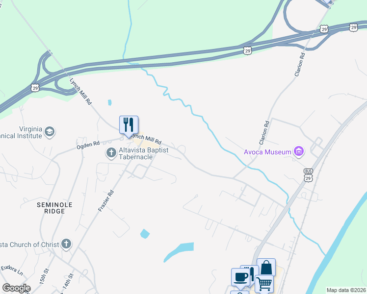 map of restaurants, bars, coffee shops, grocery stores, and more near 2412 Lynch Mill Road in Altavista