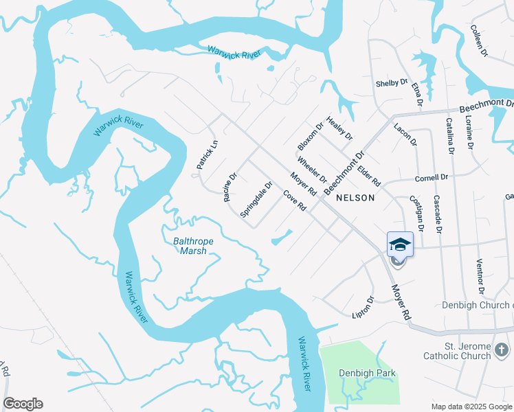 map of restaurants, bars, coffee shops, grocery stores, and more near 78 Springdale Drive in Newport News